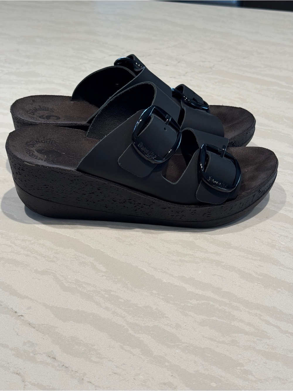 Women's Black Double-Buckle Wedge Slide Fantasy Sandals
